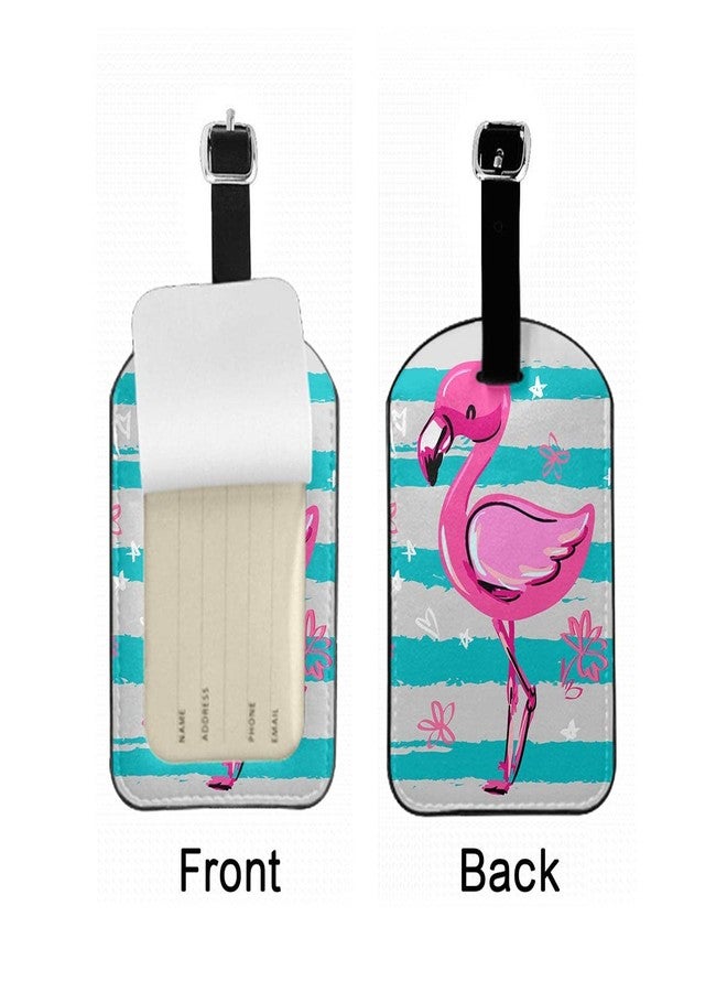 Zoczos Pink Flamingo Leather Luggage Bag Case Tags Hand Drawn Animal Blue Stripes Flower Stars Hearts Wildlife Baggage Suitcase Labels Name Tags Travel Accessories for Adult Women Men, 1 Pack - Image 3